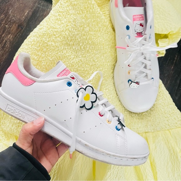 adidas Shoes - Adidas White and Pink Sneakers with Hello Kitty charms